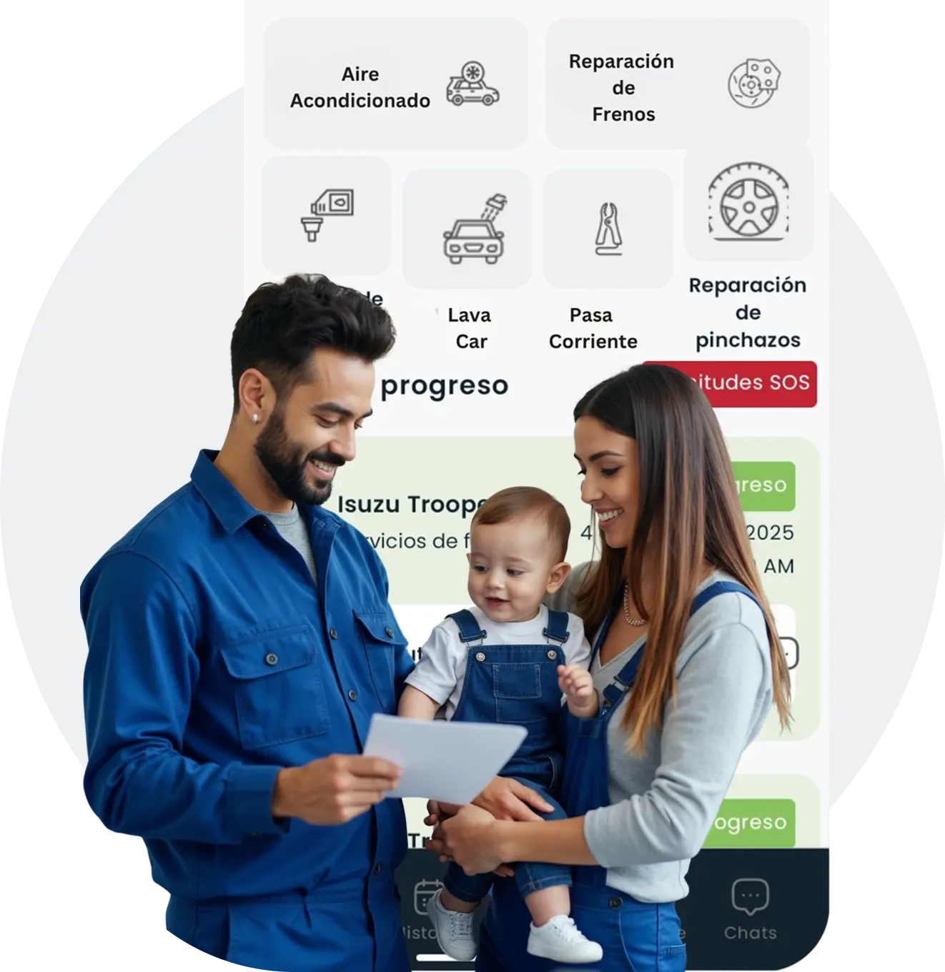 Mechanic with family using PuraCars app in Costa Rica